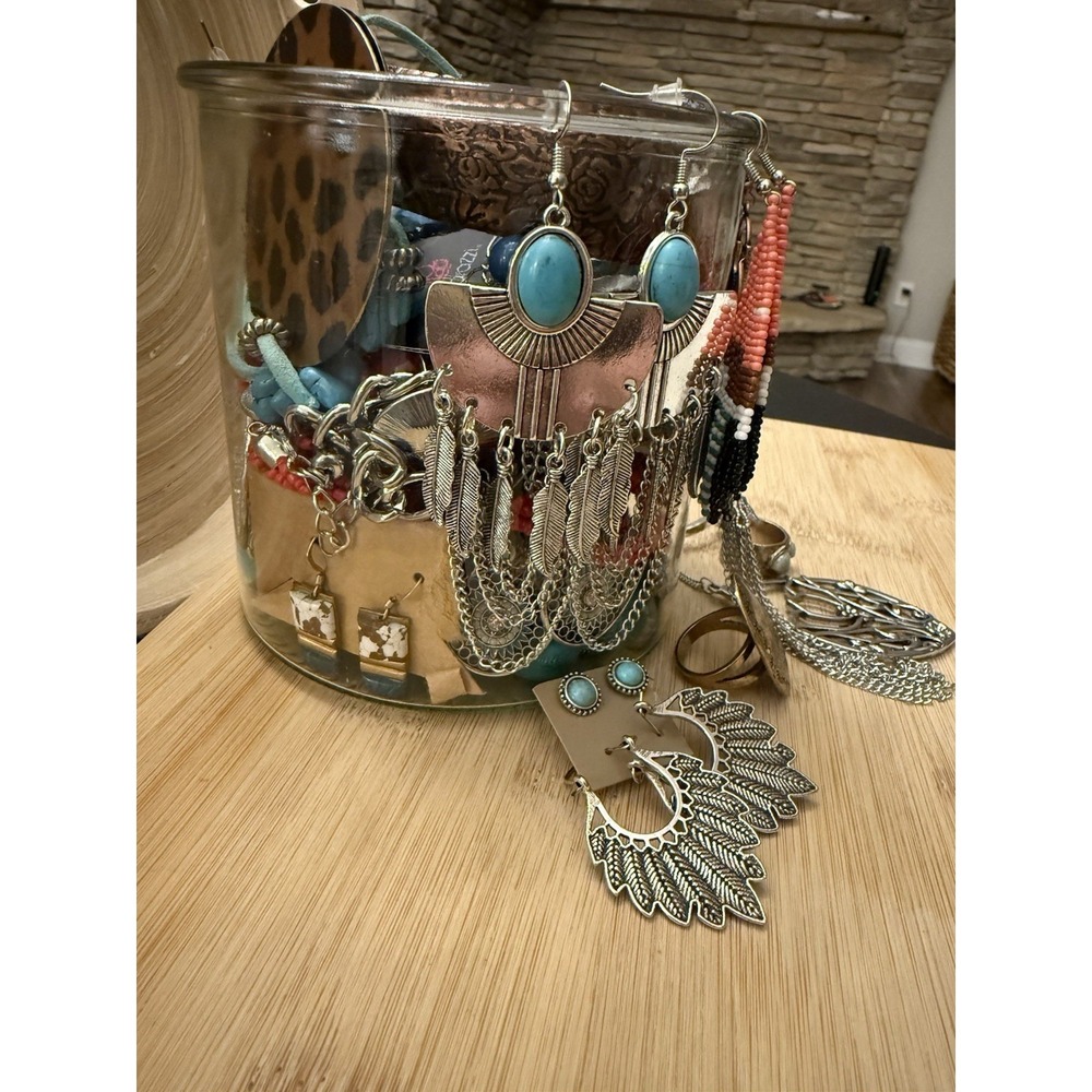 Western Inspired Mystery Jewelry Jar Turquoise & Silver Colored All Wearable - Picture 3 of 13